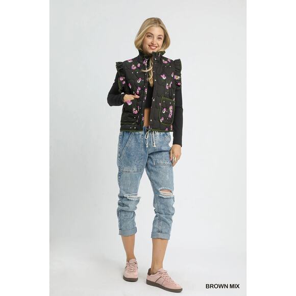 Umgee Ruffled Sleeves Floral Print Snap Button Down Quilted Vest Jacket | Brown - Picture 5 of 6